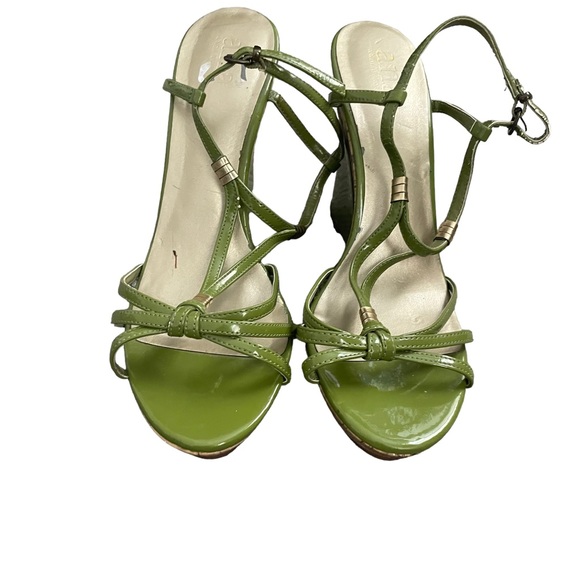 Ana Lime Green and Brown Color Block Summer Ankle Strap High Heel Wedge Sandals - Picture 2 of 15